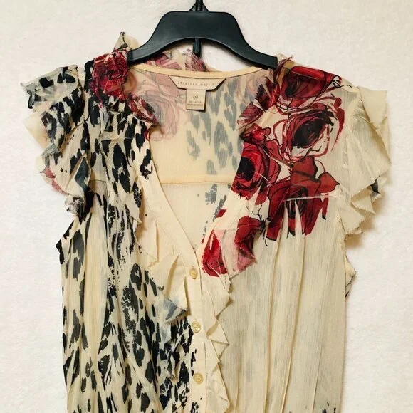 Jonathan Martin Floral and Cheetah Sheer Ruffle Button Down Blouse Size Small - Picture 2 of 7